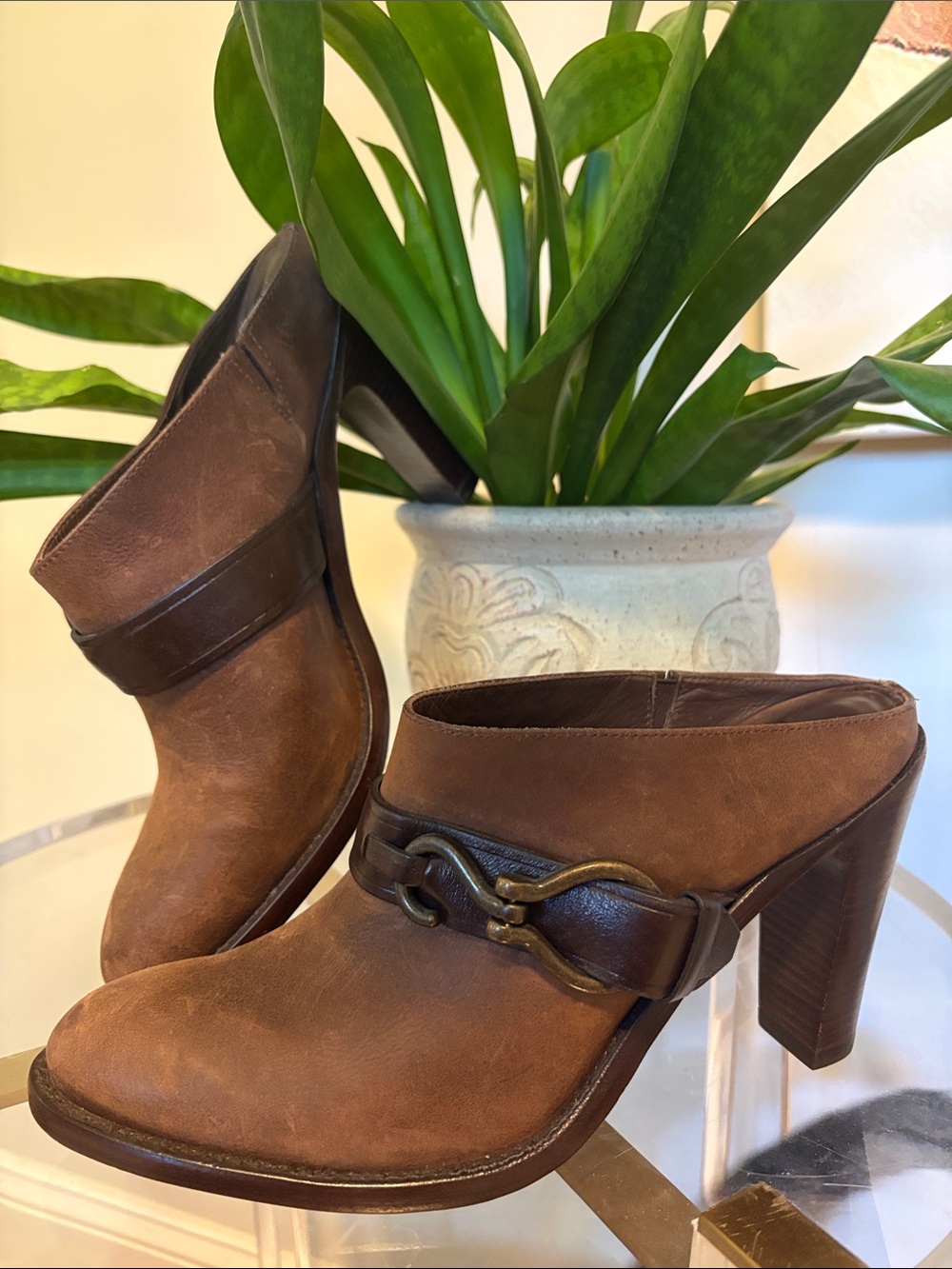 Cole Haan Brown Leather Heeled Mule with Decorative Buckle